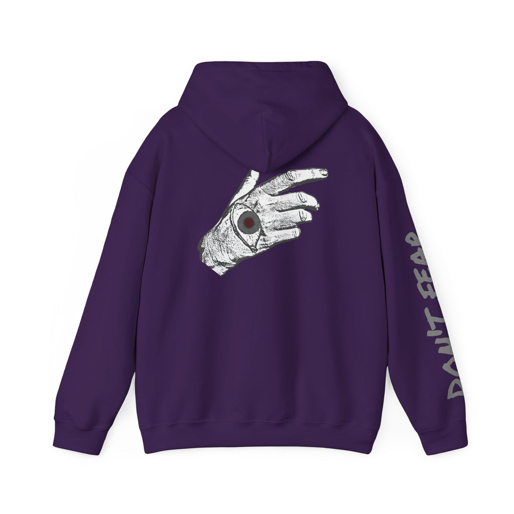Vibrant Phantom "Don't Fear" Graphic Hoodie — Vintage Hand & Eyeball Design