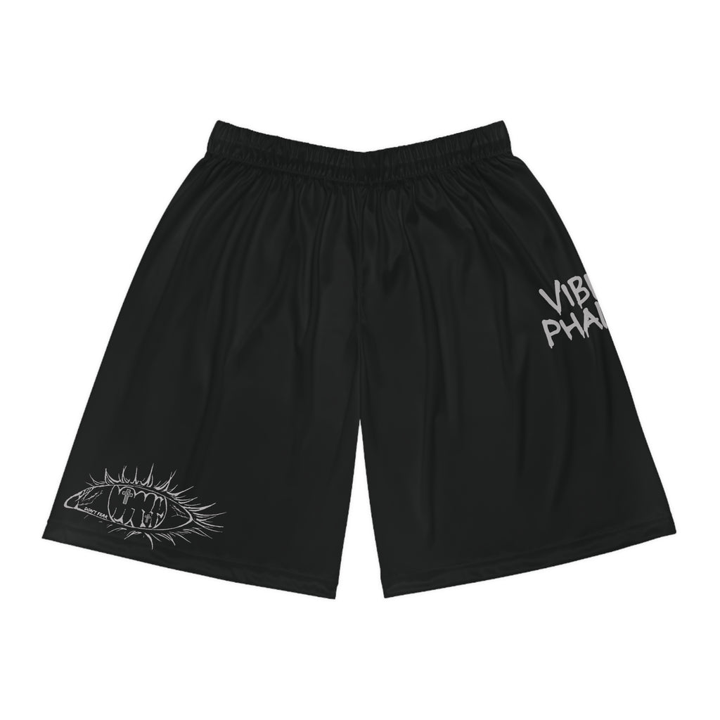 Vibrant Phantom Black Basketball Shorts — Graphic Eye & 'Vibrant Phantom' Print