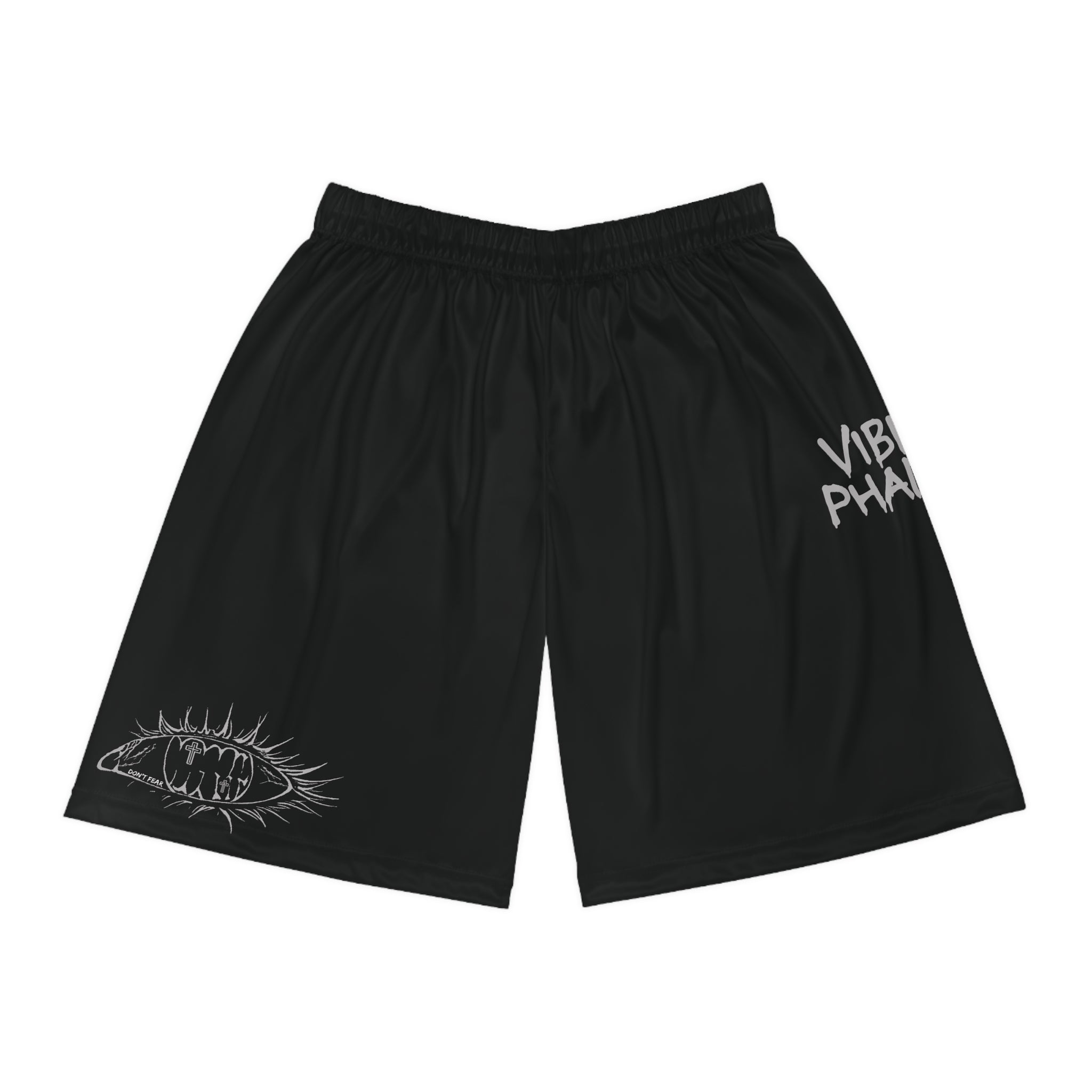 Vibrant Phantom Black Basketball Shorts — Graphic Eye & 'Vibrant Phantom' Print