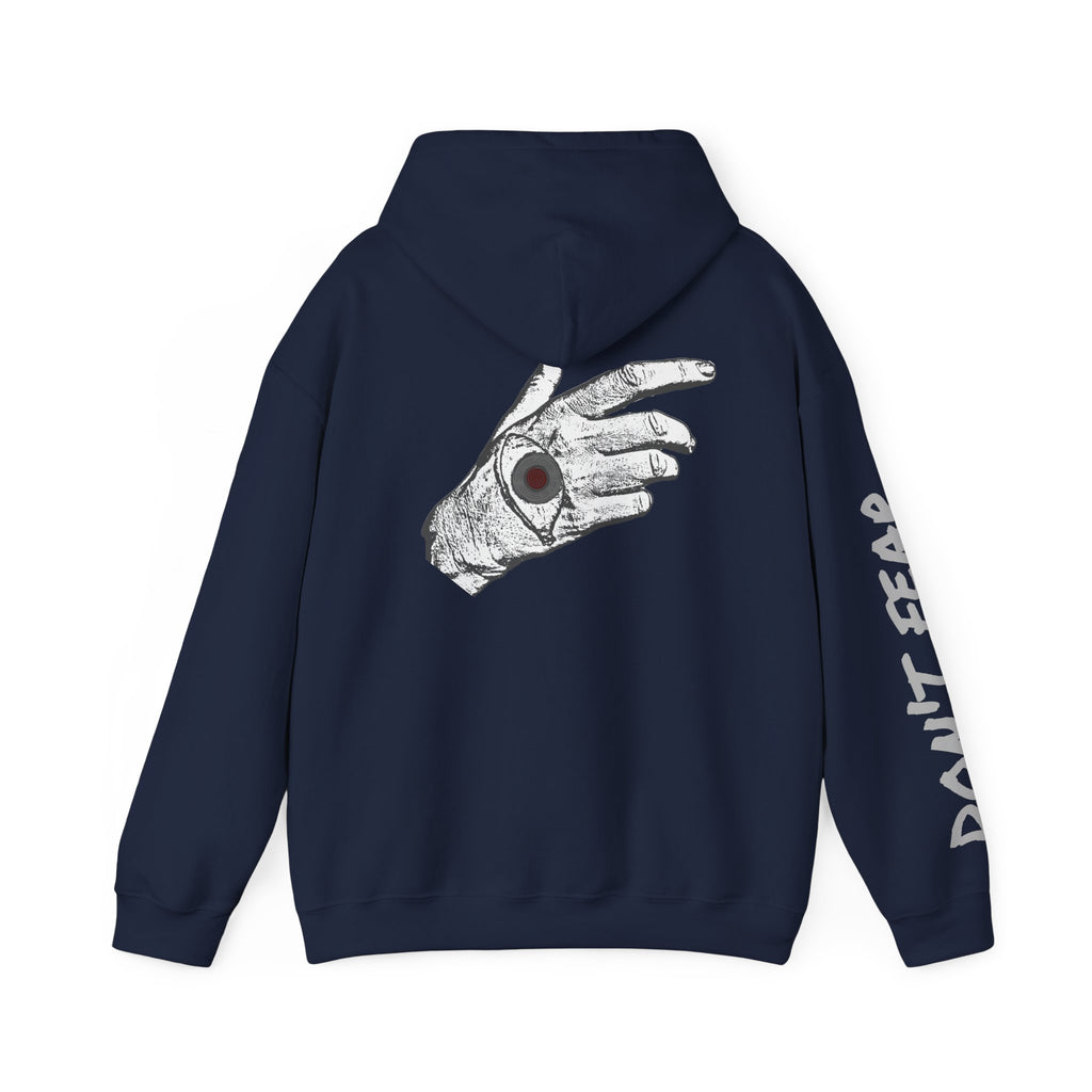 Vibrant Phantom "Don't Fear" Graphic Hoodie — Vintage Hand & Eyeball Design