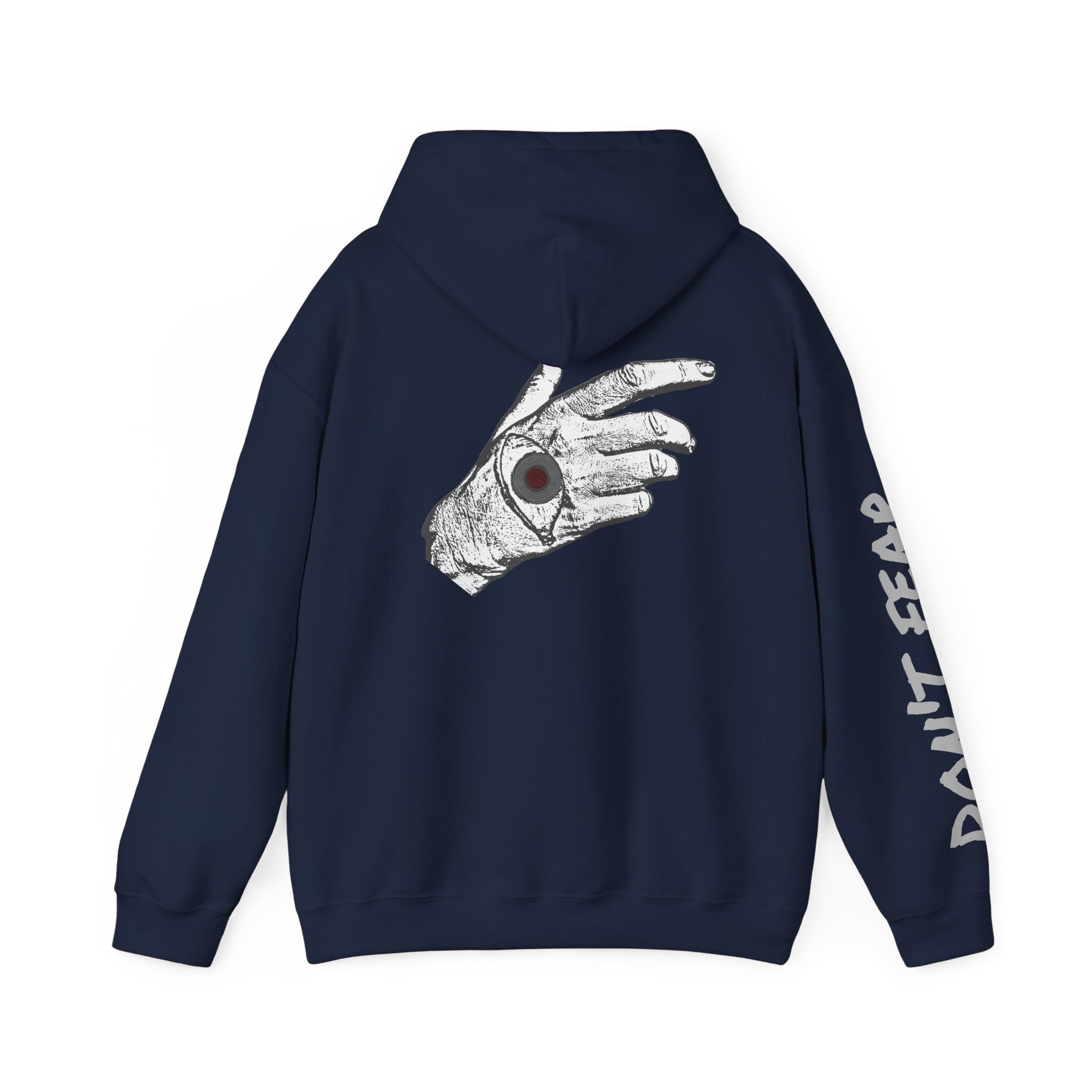 Vibrant Phantom "Don't Fear" Graphic Hoodie — Vintage Hand & Eyeball Design