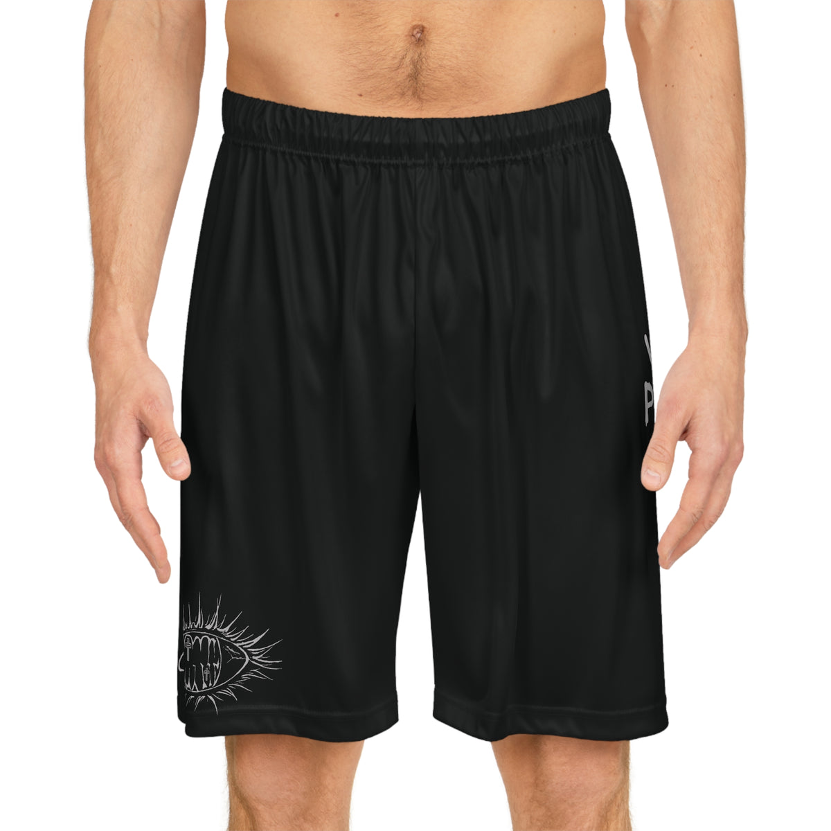 Vibrant Phantom Black Basketball Shorts — Graphic Eye & 'Vibrant Phantom' Print