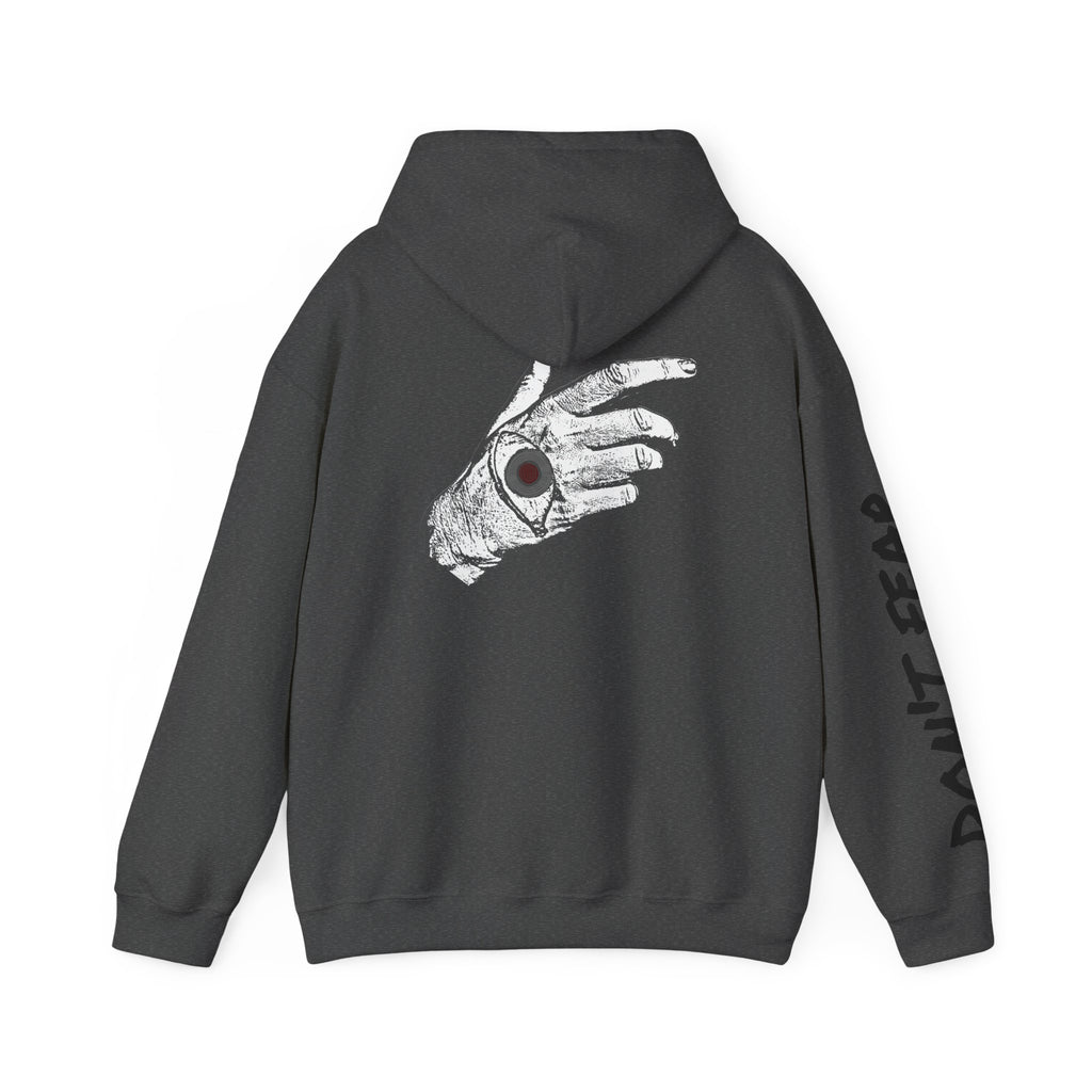 Vibrant Phantom "Don't Fear" Graphic Hoodie — Vintage Hand & Eyeball Design