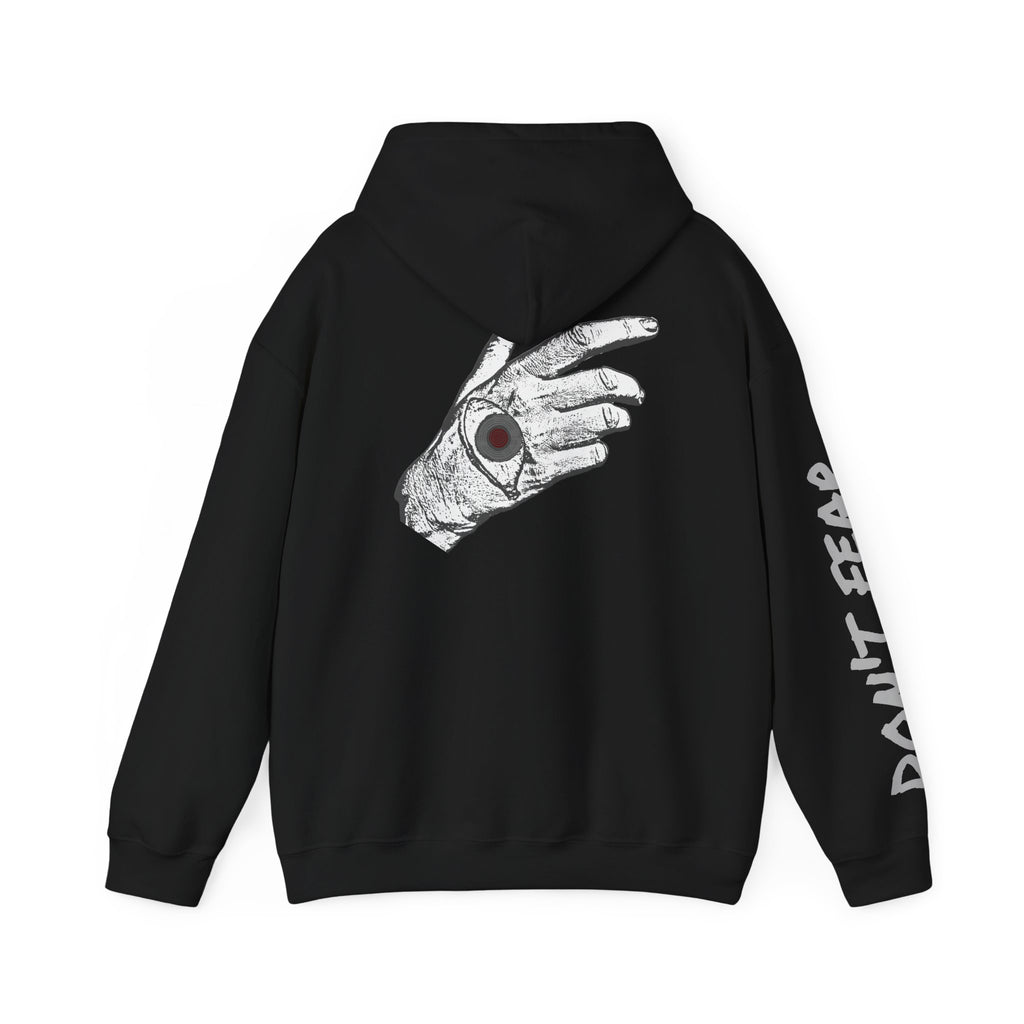 Vibrant Phantom "Don't Fear" Graphic Hoodie — Vintage Hand & Eyeball Design