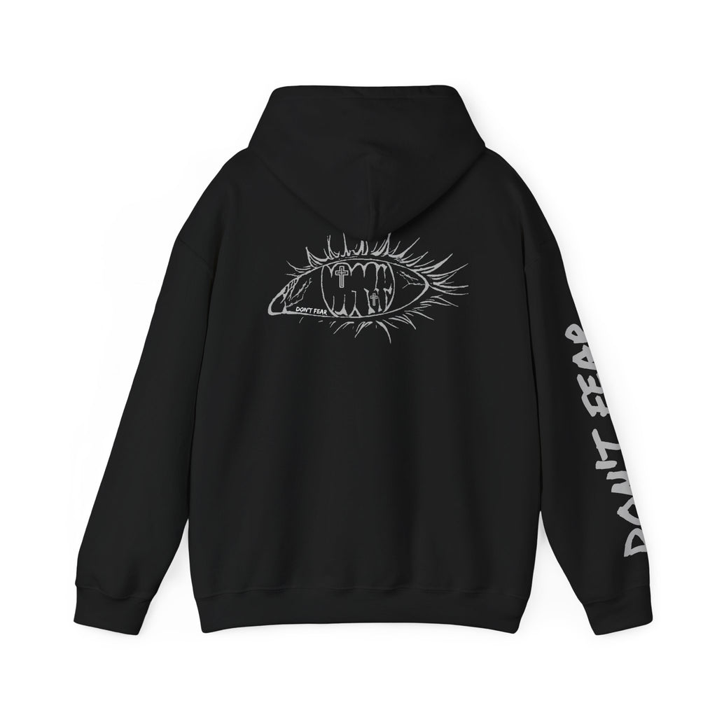 Vibrant Phantom Eye Sketch Hoodie | 'Don't Fear' Sleeve Graphic