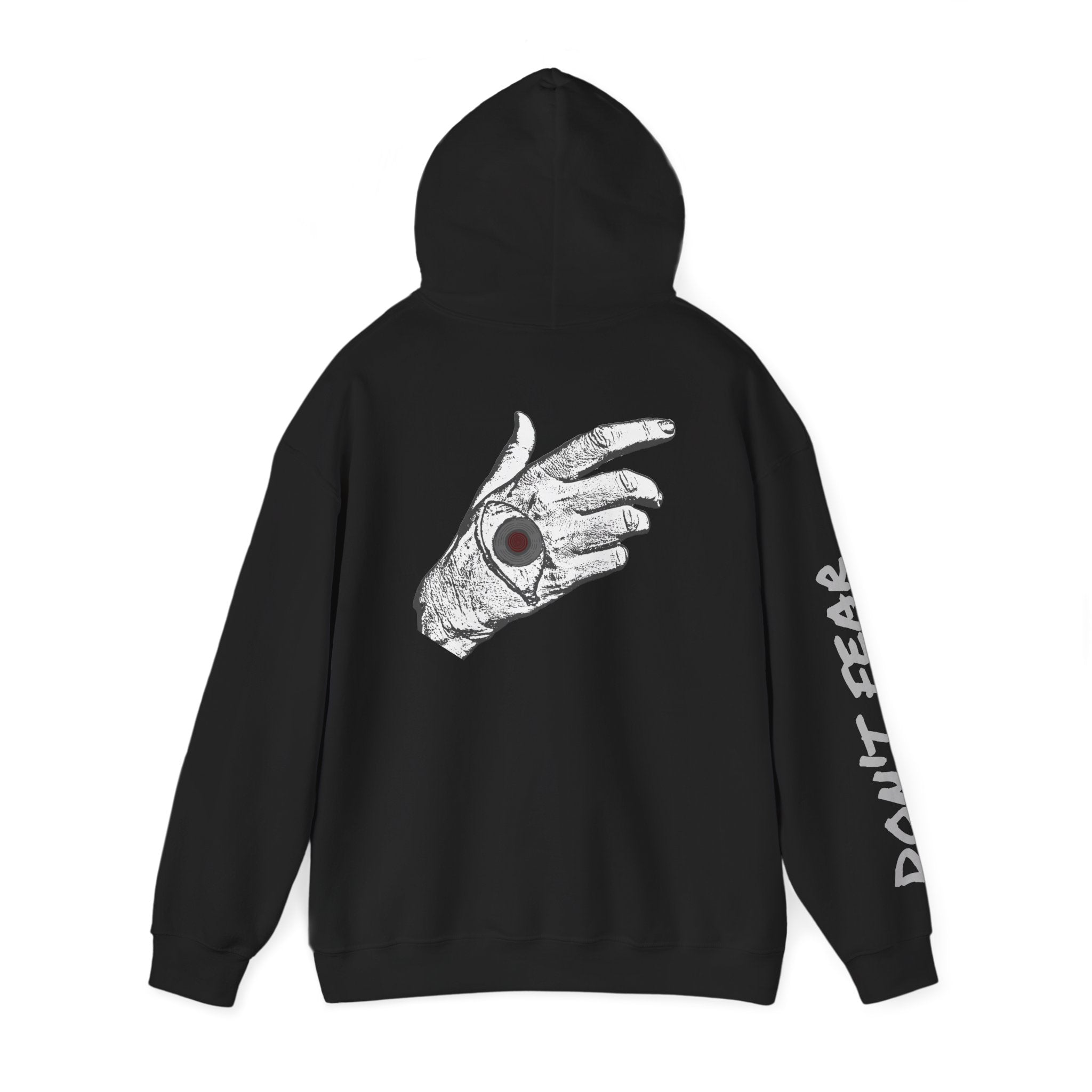 Vibrant Phantom "Don't Fear" Graphic Hoodie — Vintage Hand & Eyeball Design