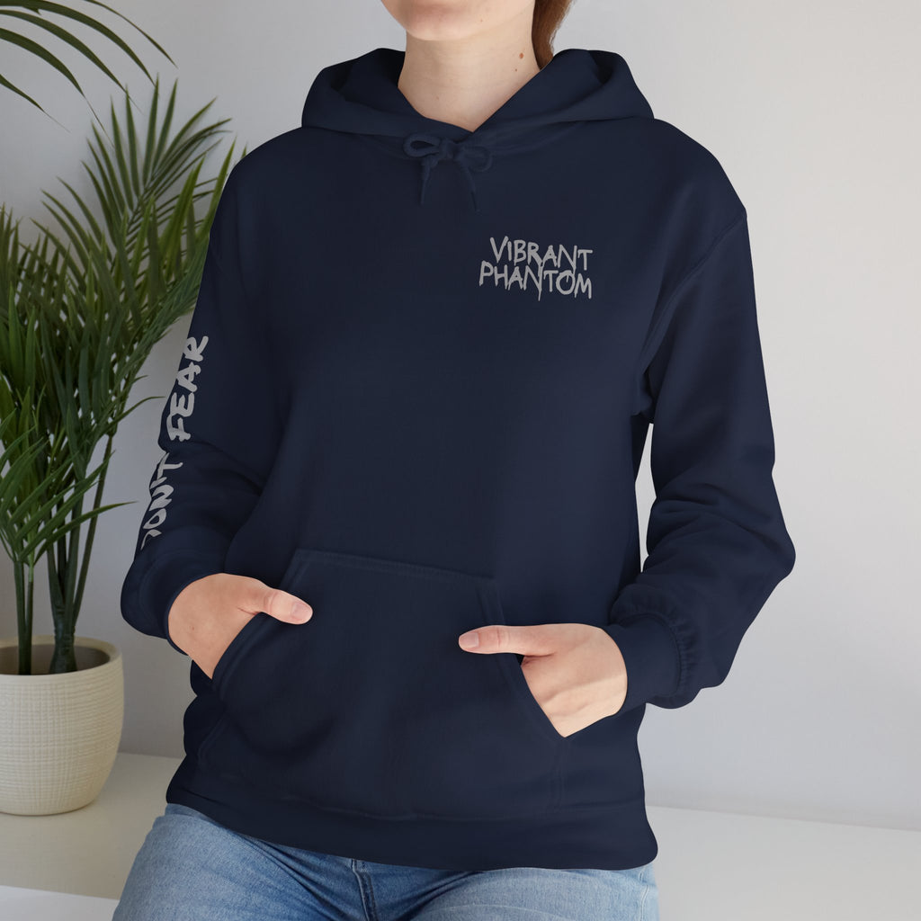 Vibrant Phantom Eye Sketch Hoodie | 'Don't Fear' Sleeve Graphic