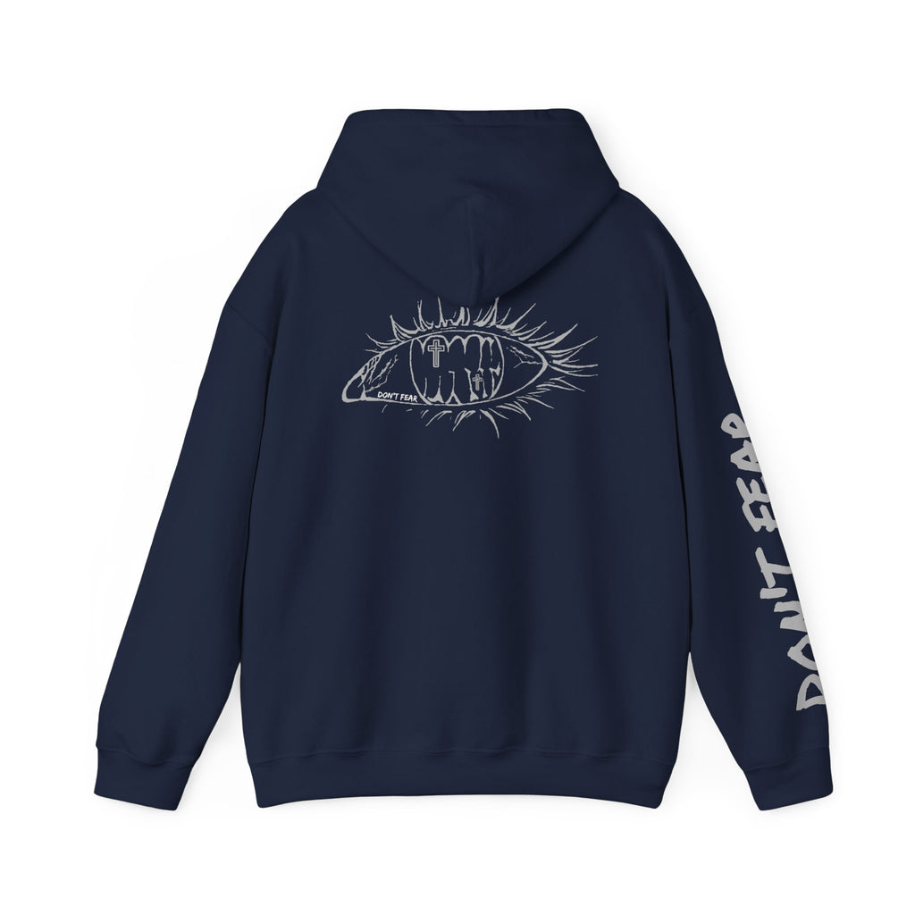 Vibrant Phantom Eye Sketch Hoodie | 'Don't Fear' Sleeve Graphic