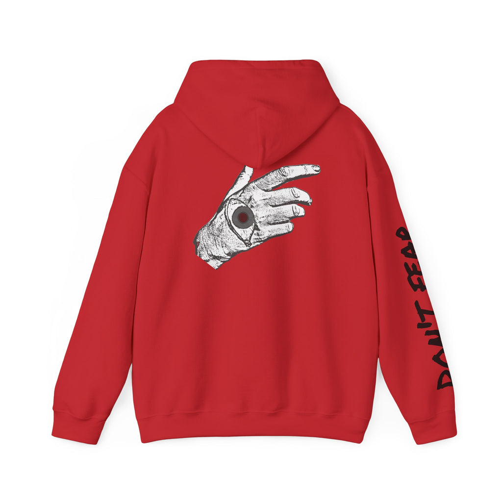 Vibrant Phantom "Don't Fear" Graphic Hoodie — Vintage Hand & Eyeball Design
